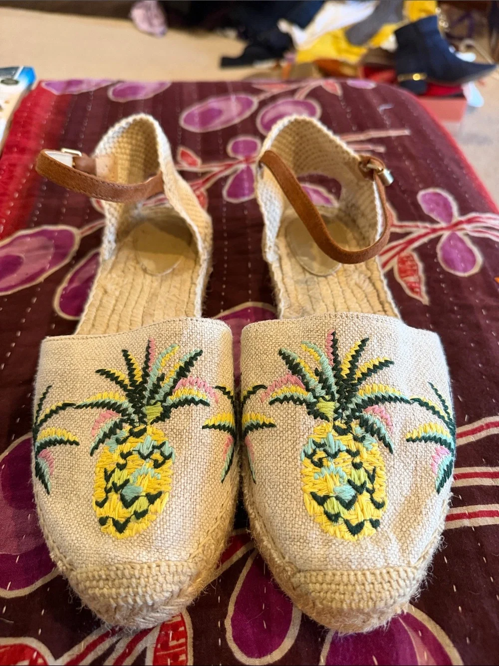 Boden Peggy Pineapple Embroidered Espadrille Sandals with Tan Strap 41
